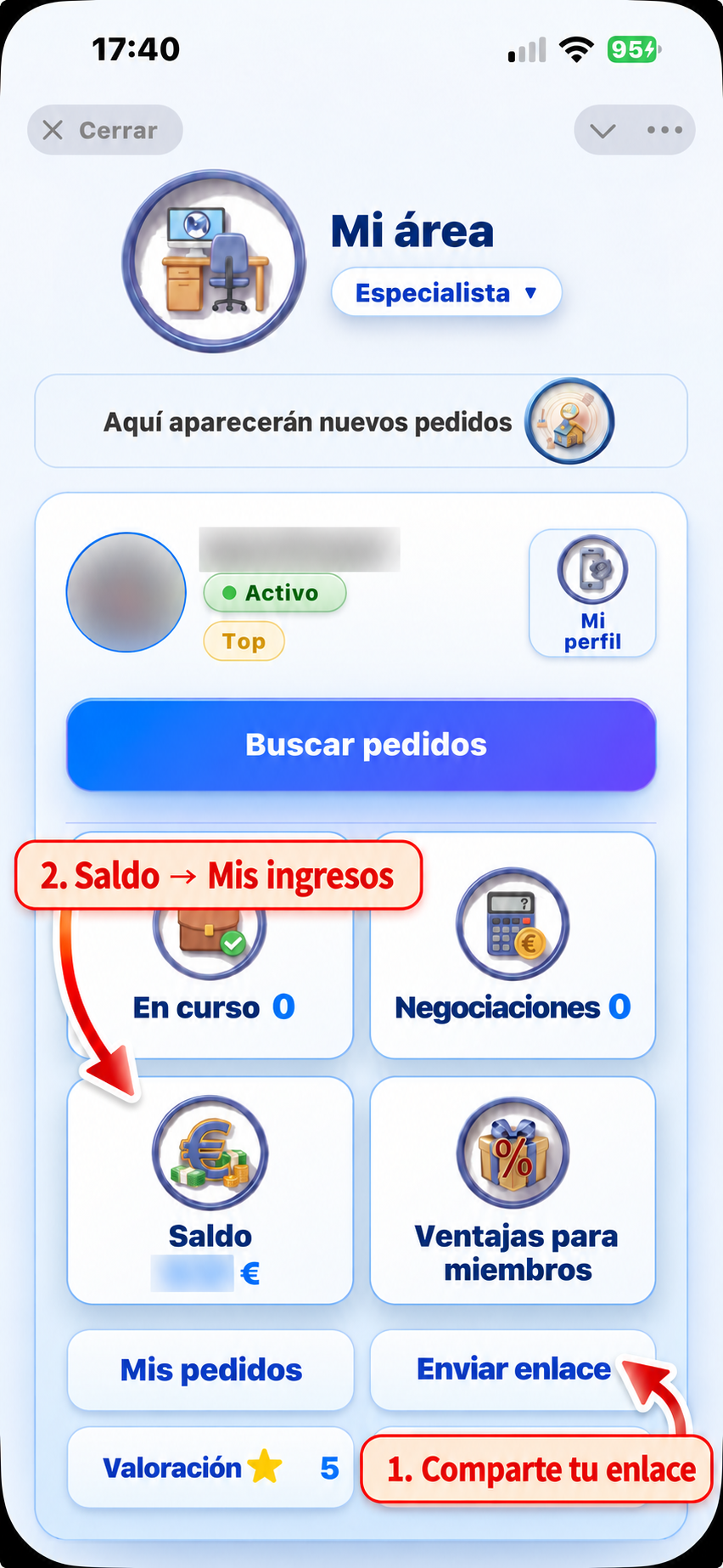 Área profesional: cómo compartir el enlace y consultar los ingresos